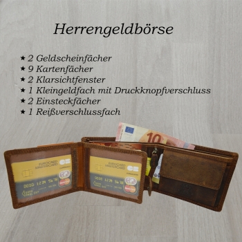 flevado Geldbeutel Wild Leder Herren Geldbörse Querformat Doppelnaht Braun und RFID Schutz